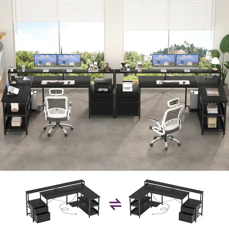 Reversible L Shaped Computer Desk with File Drawer  Long Monitor Stand  Charging Station & RGB LED Strips