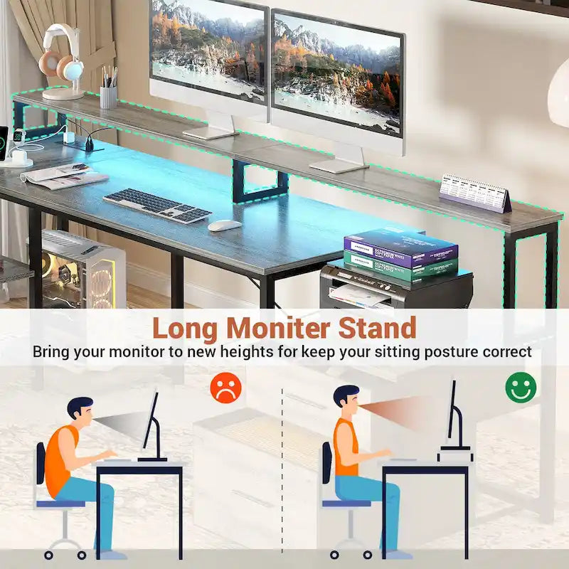 Reversible L Shaped Computer Desk with File Drawer  Long Monitor Stand  Charging Station & RGB LED Strips