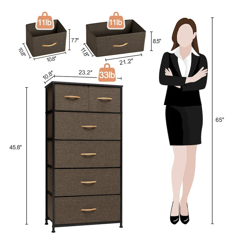 23 Brown Steel and Fabric Six Drawer Combo Dresser