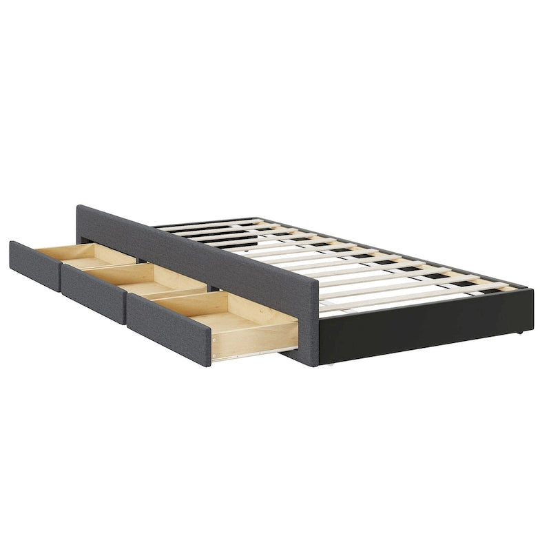 Linen Fabric Upholstered Platform Bed with Stripe Headboard & Footboard, Pull-out Trundle Bed & 3 Drawers, Wood Panel Bed