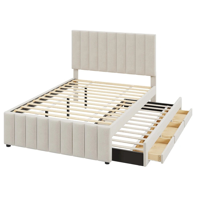 Linen Fabric Upholstered Platform Bed with Stripe Headboard & Footboard, Pull-out Trundle Bed & 3 Drawers, Wood Panel Bed
