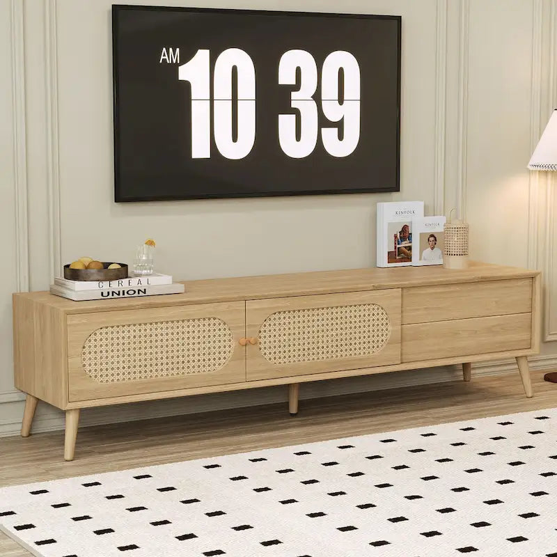 TV Stand for TVs up to 80 , Modern Media Console, Entertainment Center with Wood Legs, TV Cabinet for Living Room