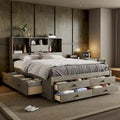 Queen Size Platform Bed with Storage Headboard and 8 Drawers, Gray