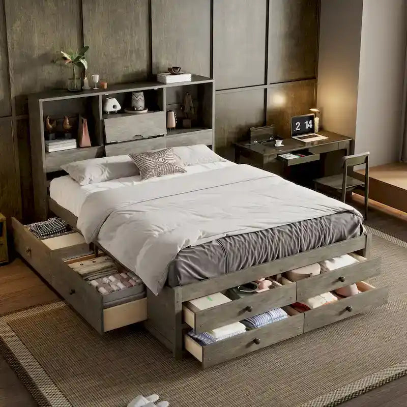 Queen Size Platform Bed with Storage Headboard and 8 Drawers, Gray
