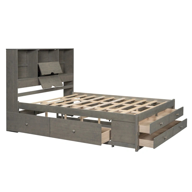 Queen Size Platform Bed with Storage Headboard and 8 Drawers, Gray