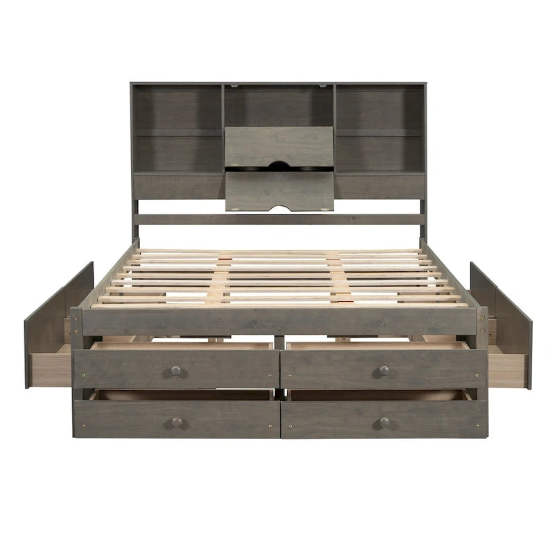 Queen Size Platform Bed with Storage Headboard and 8 Drawers, Gray