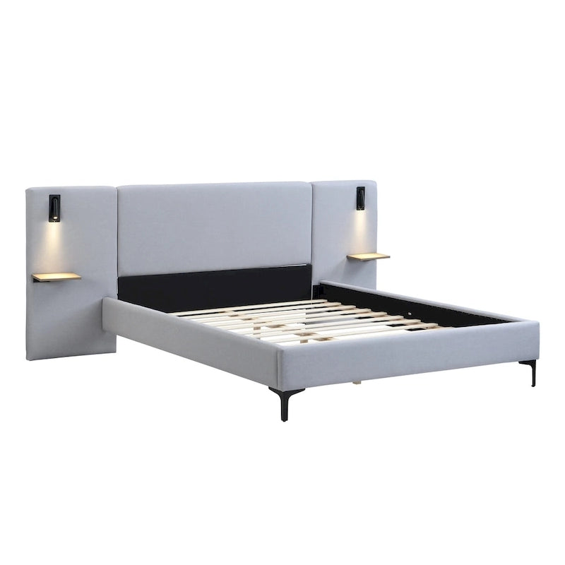Grey Linen Platform Bed Upholstered Wingback Big Frame Bed with Bedside Lights and Shelves Storage Bed, Chic Panel Bed