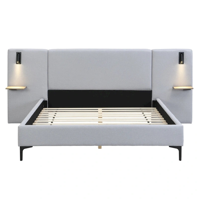 Grey Linen Platform Bed Upholstered Wingback Big Frame Bed with Bedside Lights and Shelves Storage Bed, Chic Panel Bed