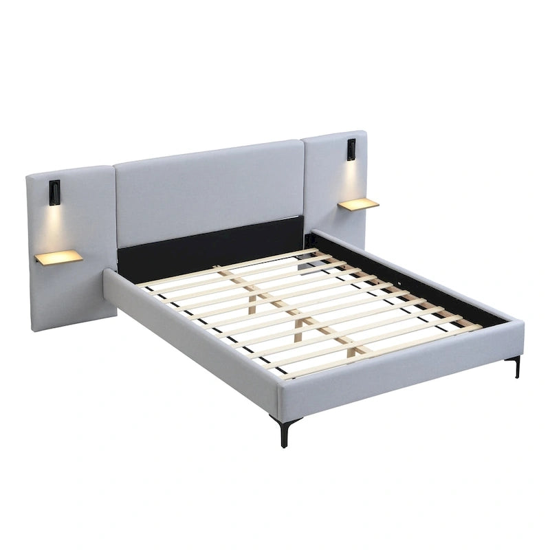 Grey Linen Platform Bed Upholstered Wingback Big Frame Bed with Bedside Lights and Shelves Storage Bed, Chic Panel Bed