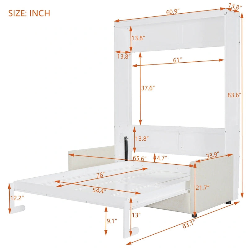 White Full Size Multifunctional Murphy Bed with Cushion and Storage