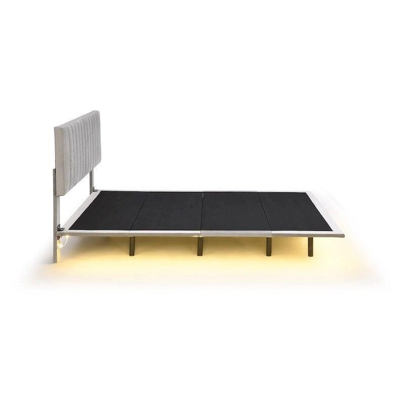 Grey Queen Size Velvet Upholstered Queen Bed with Sensor Light, Floating Platform Design, and Headboard