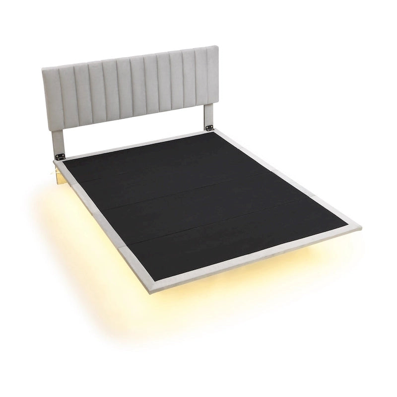 Grey Queen Size Velvet Upholstered Queen Bed with Sensor Light, Floating Platform Design, and Headboard