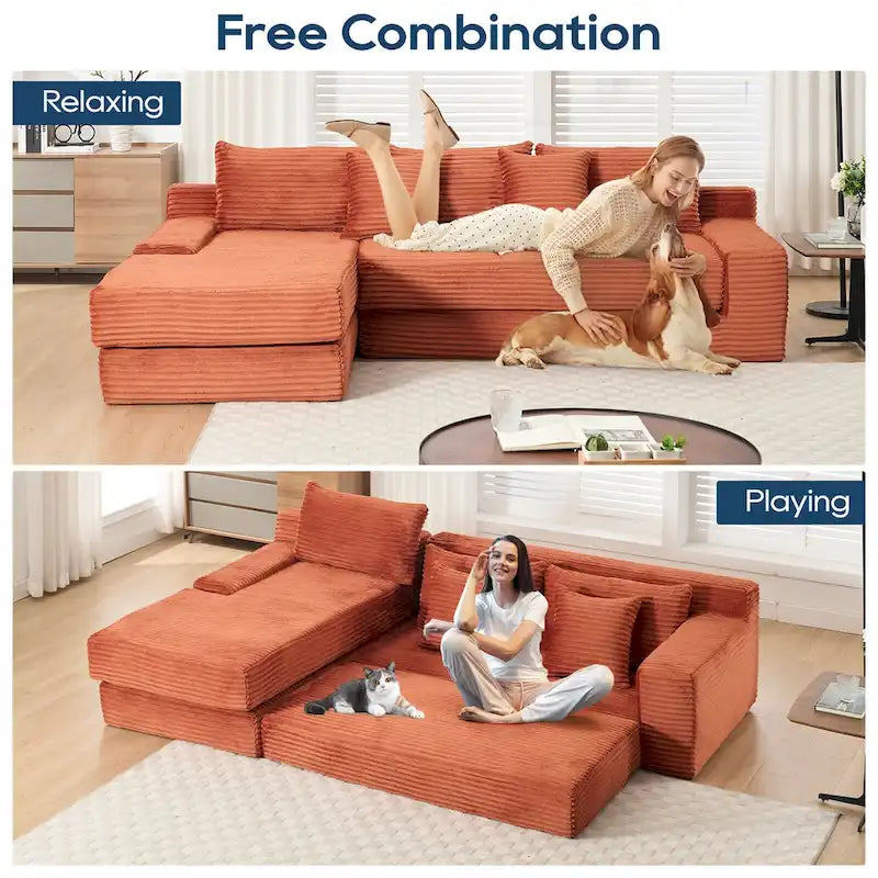 L-Shaped Light Corduroy Sectional Couch with Memory Foam, Steel Frame, and No Assembly Required, Convertible Sofa Bed