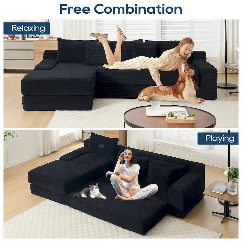 L-Shaped Light Corduroy Sectional Couch with Memory Foam, Steel Frame, and No Assembly Required, Convertible Sofa Bed