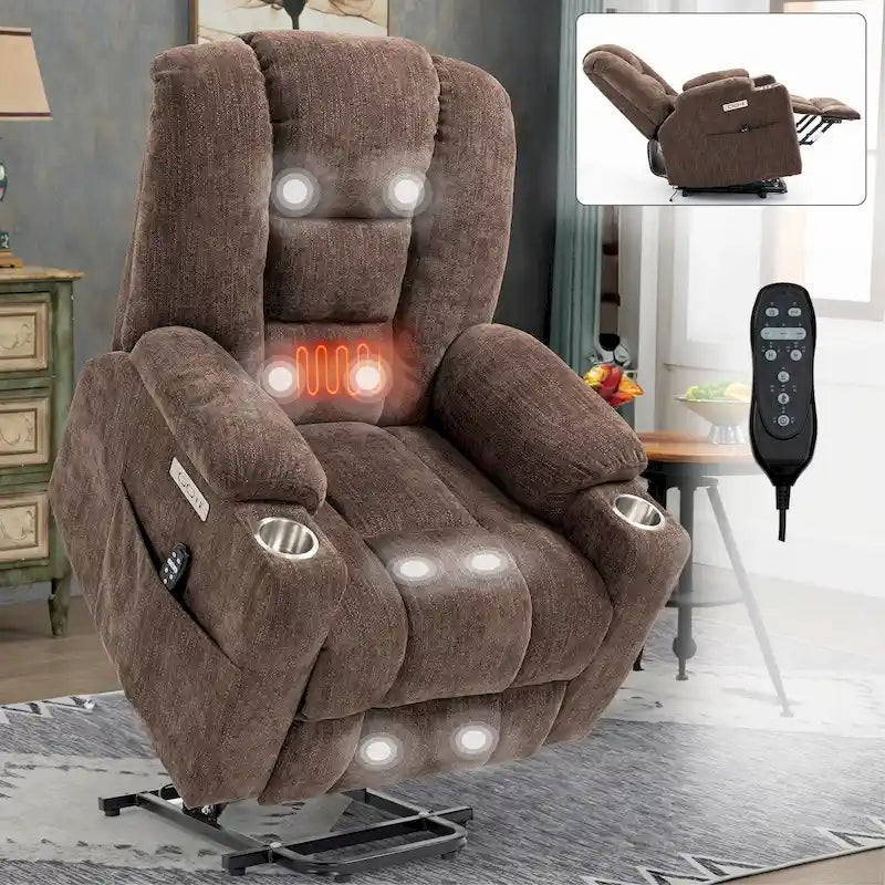 Grey Spacious Power Lift Recliner with Massage, Heat, Dual USB Ports, Type C Charging, and Cup Holders