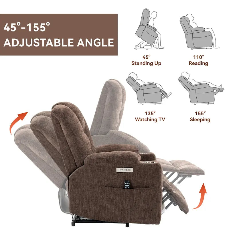 Grey Spacious Power Lift Recliner with Massage, Heat, Dual USB Ports, Type C Charging, and Cup Holders