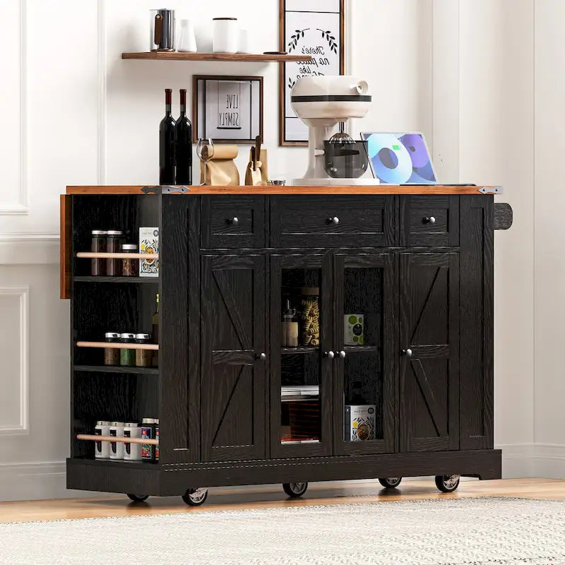 Kitchen Island on Lockable Wheels with Drop Leaf, Moveable Island Table with 2 Tempered Glass Doors, Power Outlet & 5 Open Racks