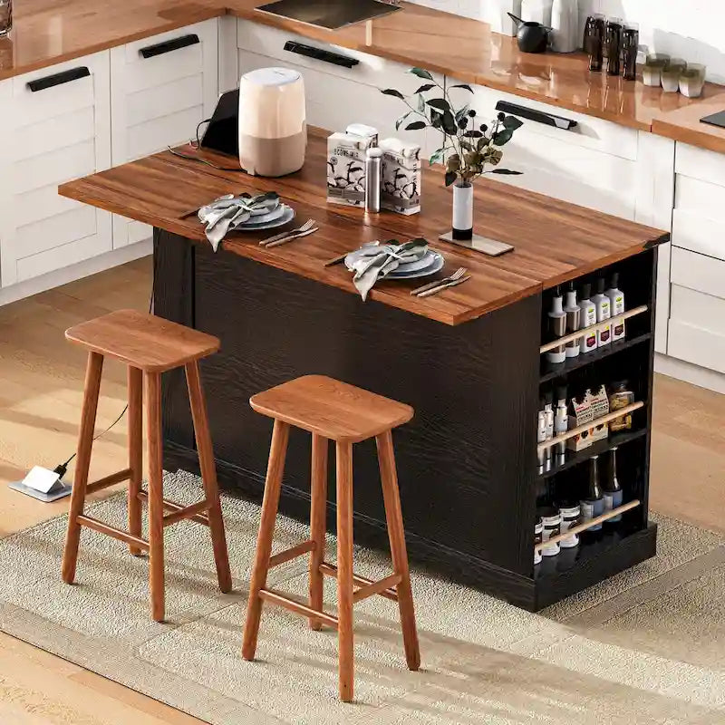 Kitchen Island on Lockable Wheels with Drop Leaf, Moveable Island Table with 2 Tempered Glass Doors, Power Outlet & 5 Open Racks