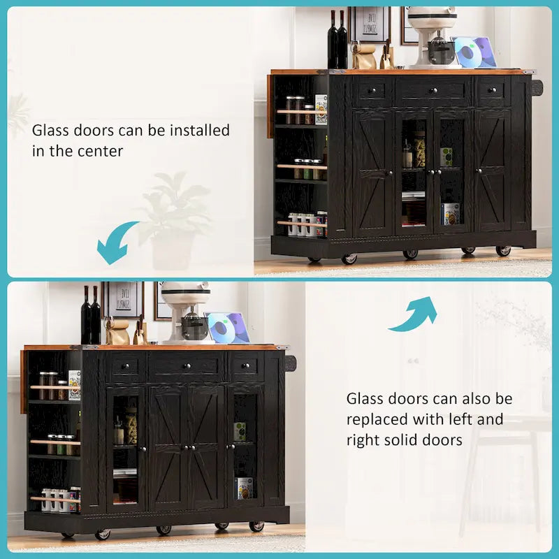 Kitchen Island on Lockable Wheels with Drop Leaf, Moveable Island Table with 2 Tempered Glass Doors, Power Outlet & 5 Open Racks