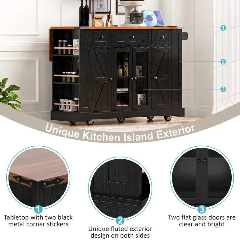 Kitchen Island on Lockable Wheels with Drop Leaf, Moveable Island Table with 2 Tempered Glass Doors, Power Outlet & 5 Open Racks