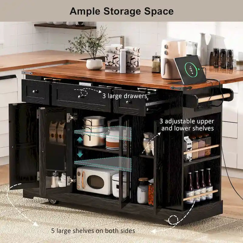 Kitchen Island on Lockable Wheels with Drop Leaf, Moveable Island Table with 2 Tempered Glass Doors, Power Outlet & 5 Open Racks