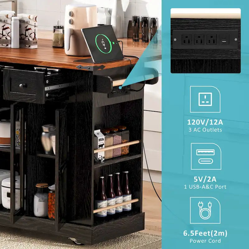 Kitchen Island on Lockable Wheels with Drop Leaf, Moveable Island Table with 2 Tempered Glass Doors, Power Outlet & 5 Open Racks