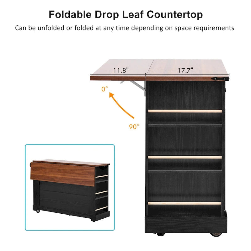 Kitchen Island on Lockable Wheels with Drop Leaf, Moveable Island Table with 2 Tempered Glass Doors, Power Outlet & 5 Open Racks