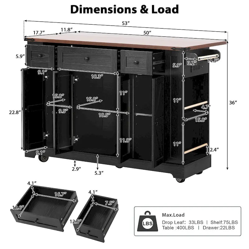 Kitchen Island on Lockable Wheels with Drop Leaf, Moveable Island Table with 2 Tempered Glass Doors, Power Outlet & 5 Open Racks