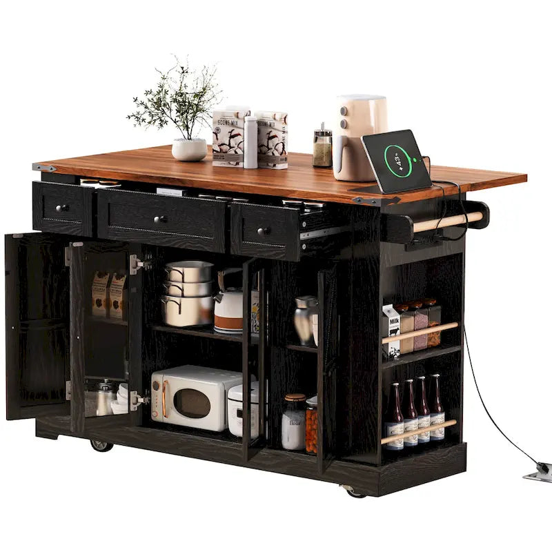 Kitchen Island on Lockable Wheels with Drop Leaf, Moveable Island Table with 2 Tempered Glass Doors, Power Outlet & 5 Open Racks