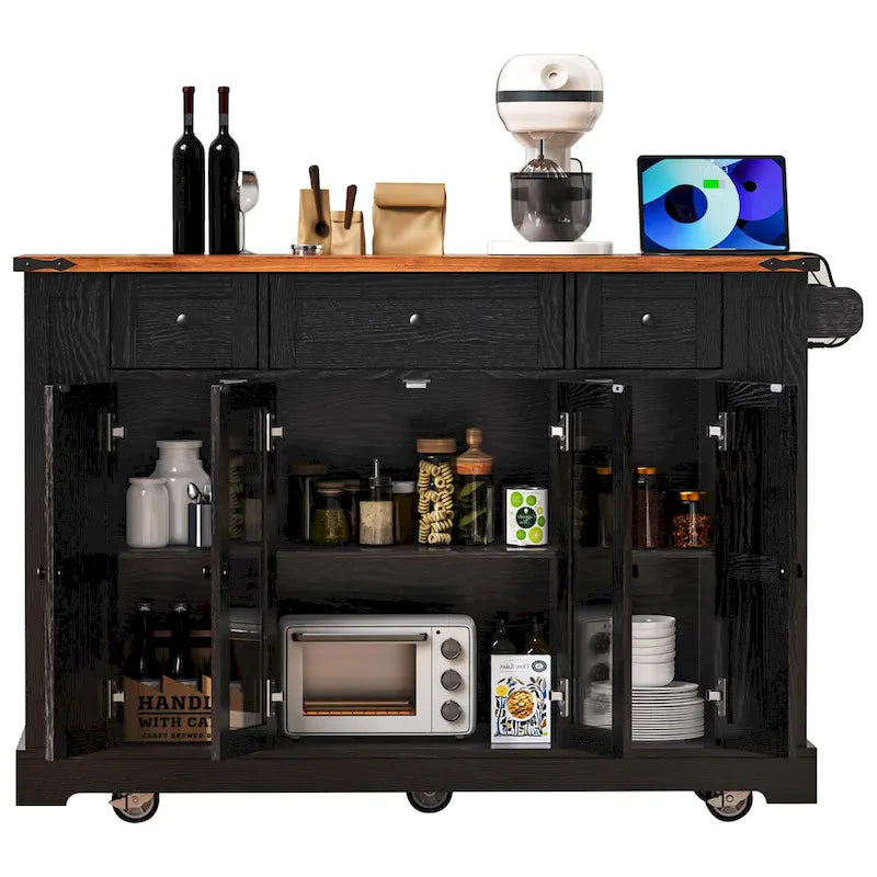 Kitchen Island on Lockable Wheels with Drop Leaf, Moveable Island Table with 2 Tempered Glass Doors, Power Outlet & 5 Open Racks