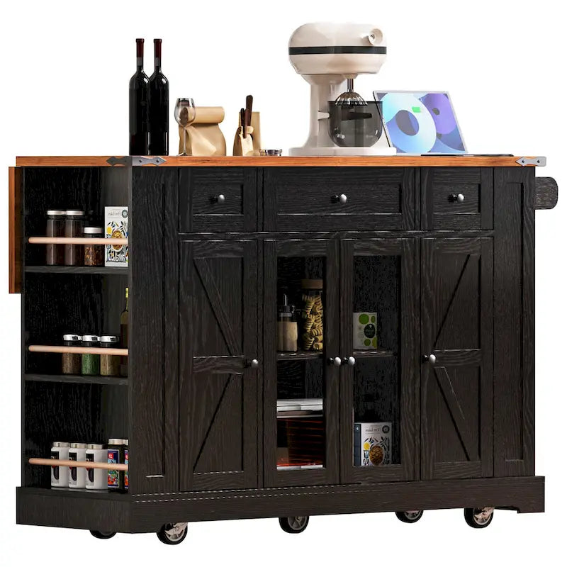 Kitchen Island on Lockable Wheels with Drop Leaf, Moveable Island Table with 2 Tempered Glass Doors, Power Outlet & 5 Open Racks