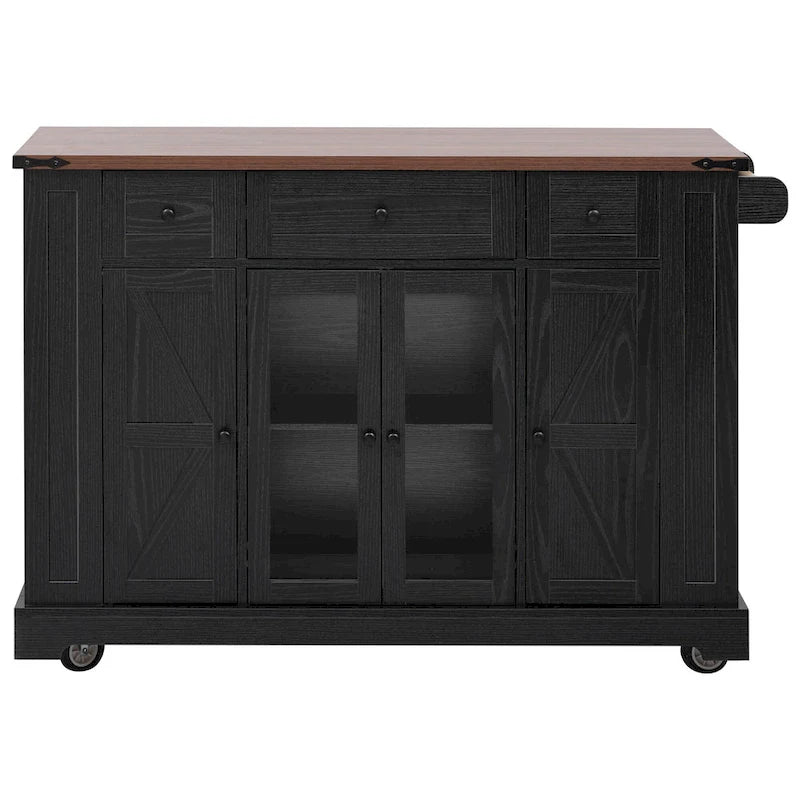 Kitchen Island on Lockable Wheels with Drop Leaf, Moveable Island Table with 2 Tempered Glass Doors, Power Outlet & 5 Open Racks