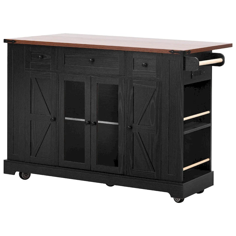 Kitchen Island on Lockable Wheels with Drop Leaf, Moveable Island Table with 2 Tempered Glass Doors, Power Outlet & 5 Open Racks