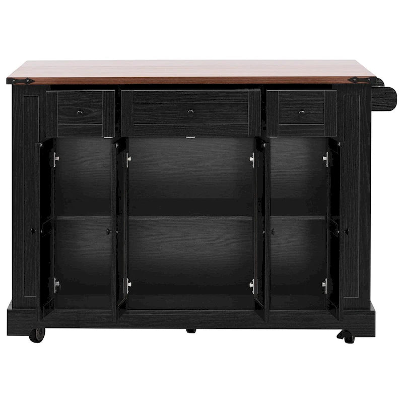 Kitchen Island on Lockable Wheels with Drop Leaf, Moveable Island Table with 2 Tempered Glass Doors, Power Outlet & 5 Open Racks