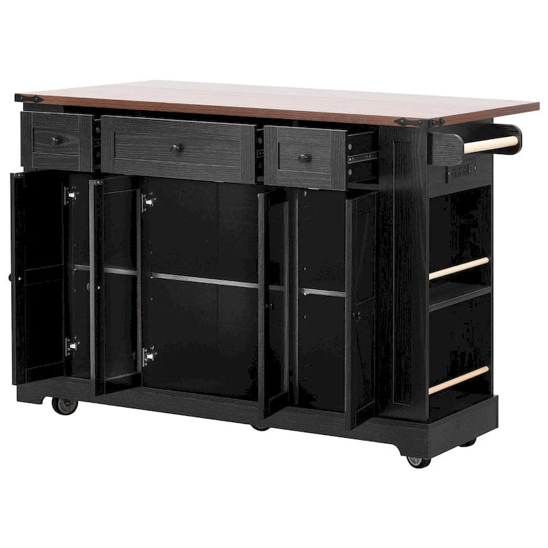 Kitchen Island on Lockable Wheels with Drop Leaf, Moveable Island Table with 2 Tempered Glass Doors, Power Outlet & 5 Open Racks