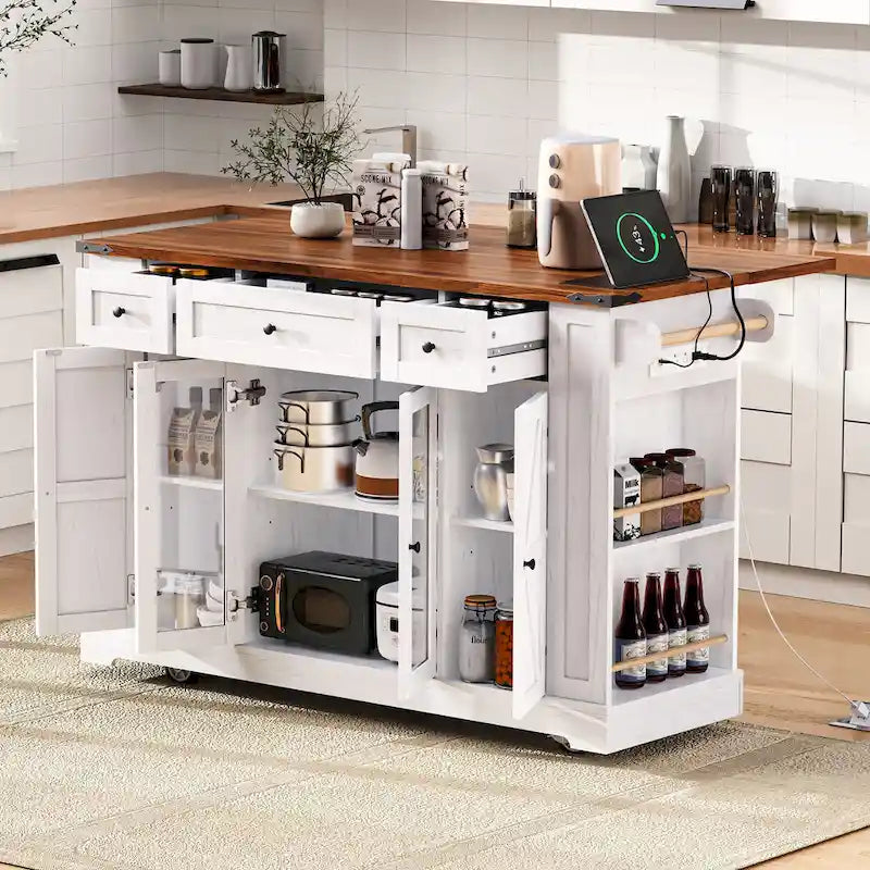 Kitchen Island on Lockable Wheels with Drop Leaf, Moveable Island Table with 2 Tempered Glass Doors, Power Outlet & 5 Open Racks