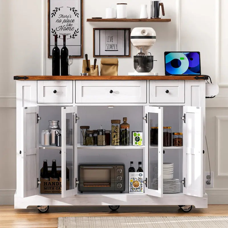 Kitchen Island on Lockable Wheels with Drop Leaf, Moveable Island Table with 2 Tempered Glass Doors, Power Outlet & 5 Open Racks