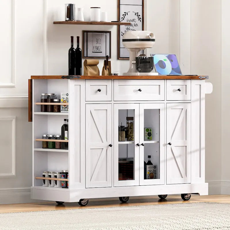 Kitchen Island on Lockable Wheels with Drop Leaf, Moveable Island Table with 2 Tempered Glass Doors, Power Outlet & 5 Open Racks