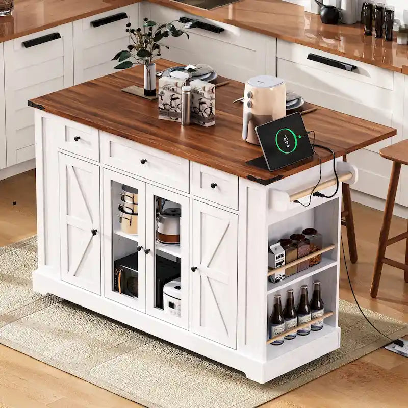 Kitchen Island on Lockable Wheels with Drop Leaf, Moveable Island Table with 2 Tempered Glass Doors, Power Outlet & 5 Open Racks