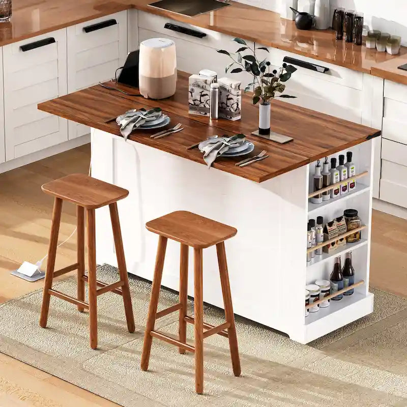 Kitchen Island on Lockable Wheels with Drop Leaf, Moveable Island Table with 2 Tempered Glass Doors, Power Outlet & 5 Open Racks