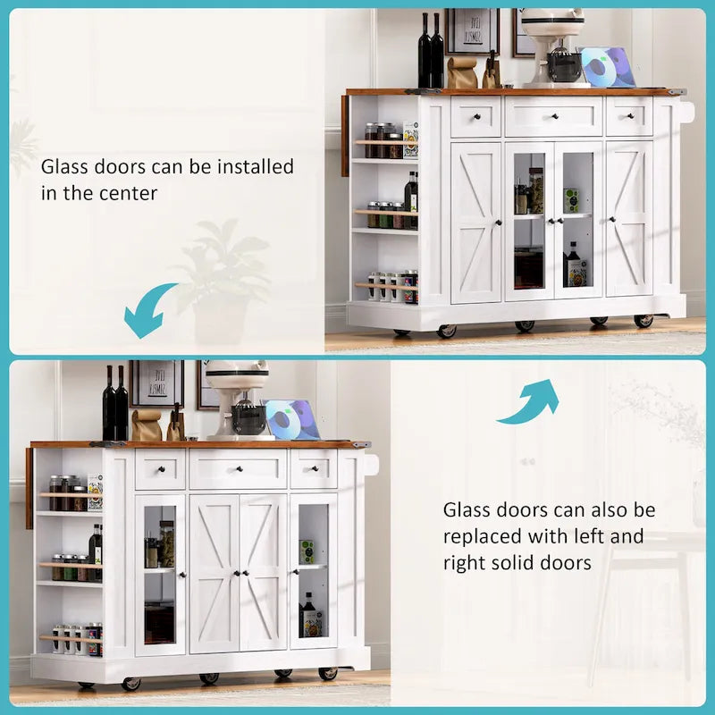 Kitchen Island on Lockable Wheels with Drop Leaf, Moveable Island Table with 2 Tempered Glass Doors, Power Outlet & 5 Open Racks