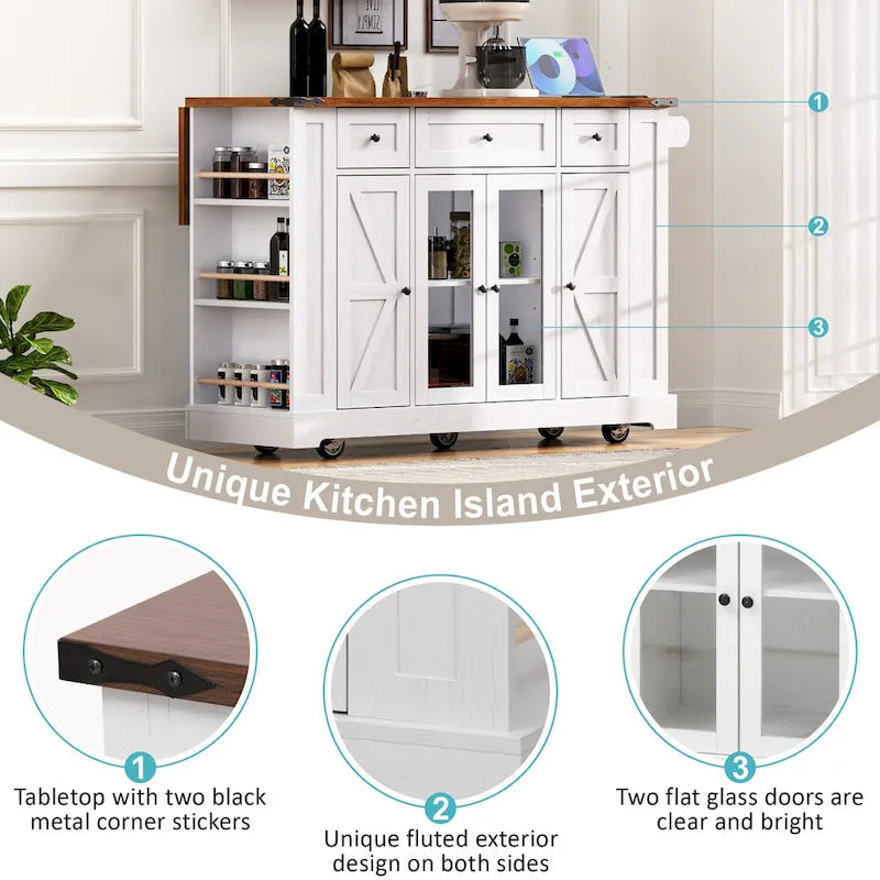 Kitchen Island on Lockable Wheels with Drop Leaf, Moveable Island Table with 2 Tempered Glass Doors, Power Outlet & 5 Open Racks