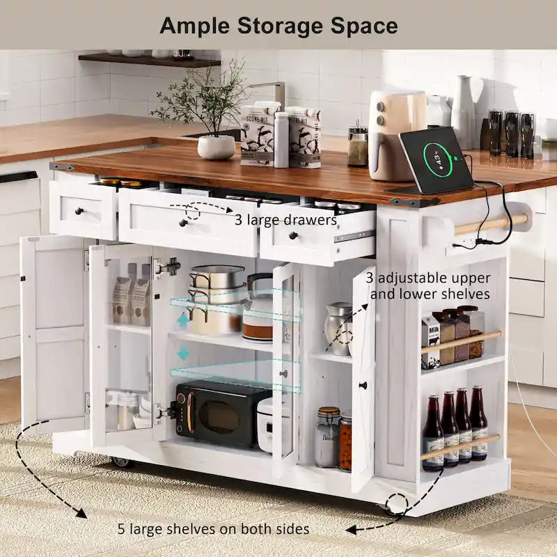 Kitchen Island on Lockable Wheels with Drop Leaf, Moveable Island Table with 2 Tempered Glass Doors, Power Outlet & 5 Open Racks