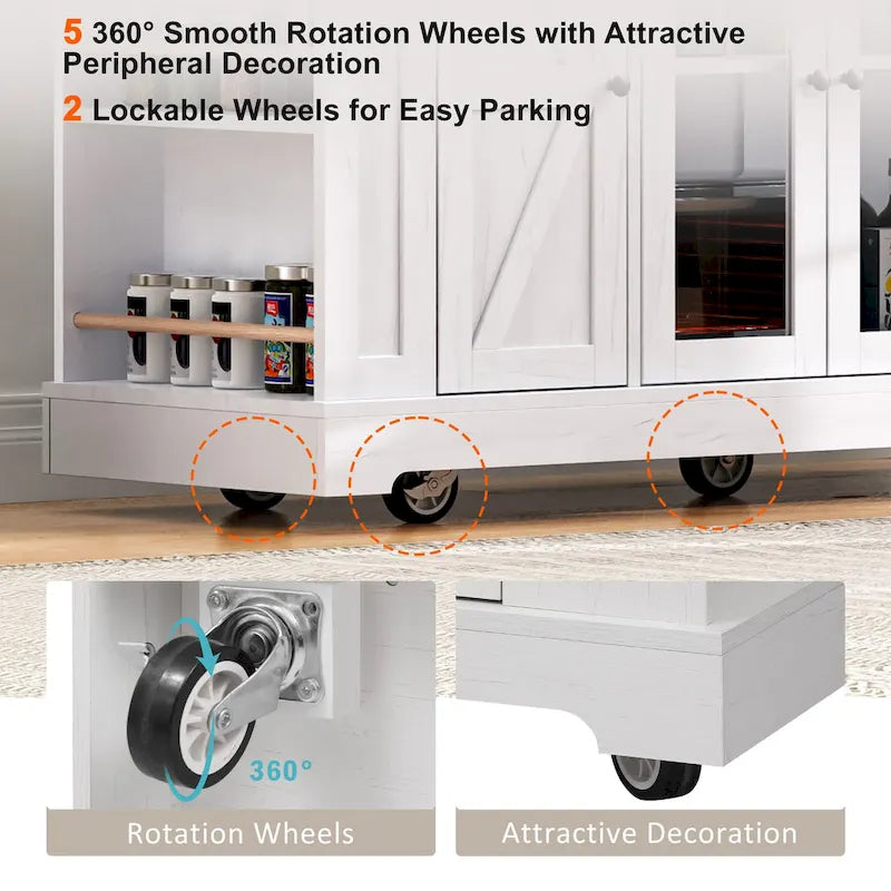 Kitchen Island on Lockable Wheels with Drop Leaf, Moveable Island Table with 2 Tempered Glass Doors, Power Outlet & 5 Open Racks