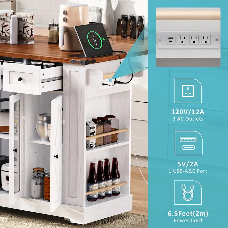 Kitchen Island on Lockable Wheels with Drop Leaf, Moveable Island Table with 2 Tempered Glass Doors, Power Outlet & 5 Open Racks
