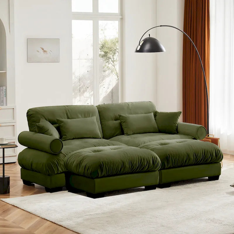 Velvet Fabric Loveseat Couch Modular Sectional Sofa with 2 Ottomans
