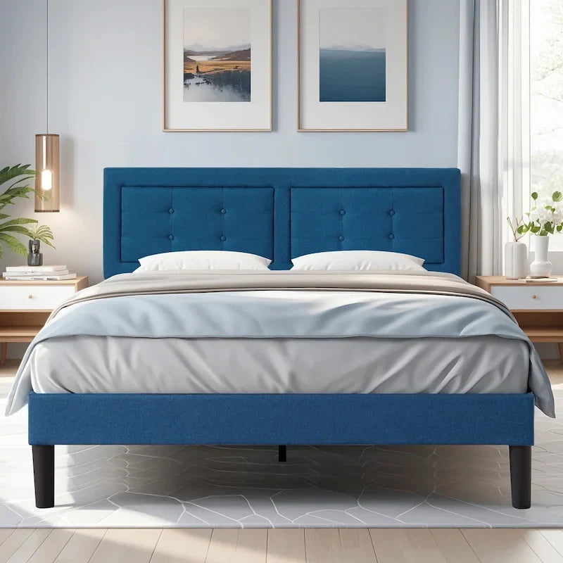 VECELO Bed Frame with Adjustable Headboard, Upholstered Button Tufted Platform Bedframe with Wood Slats Support