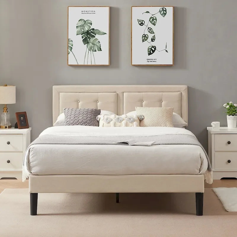 VECELO Bed Frame with Adjustable Headboard, Upholstered Button Tufted Platform Bedframe with Wood Slats Support