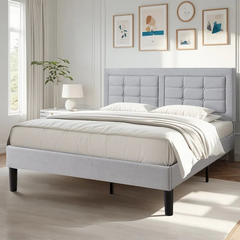 VECELO Bed Frame with Adjustable Headboard, Upholstered Button Tufted Platform Bedframe with Wood Slats Support