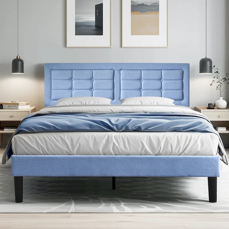 VECELO Bed Frame with Adjustable Headboard, Upholstered Button Tufted Platform Bedframe with Wood Slats Support